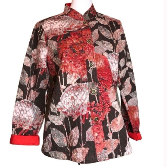 Chico's  Floral lightly quilted Jacket - Red and Brown size Chico’s one/Medium - Picture 1 of 9